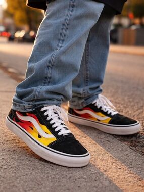 Vans Old Skool Flame Sneakers Black Yellow Red Unisex Skate Streetwear Shoes